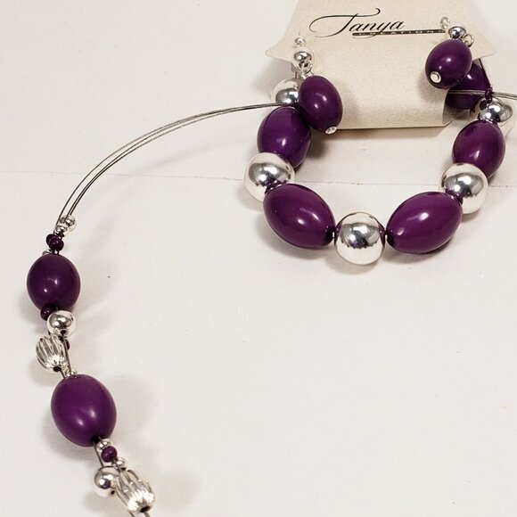 Chic Trio: Necklace, Earrings, Bracelet Silver Tone Purple & Beads Illusion set - Picture 5 of 8